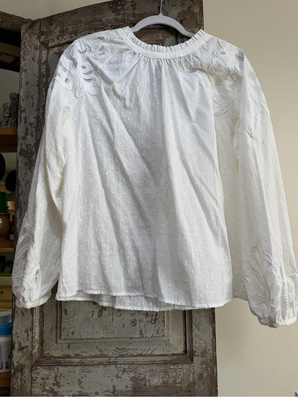 Lands' End White Swiss Dot Lace-Trim Blouse